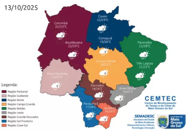 Campo Grande tem chuva rápida e calor pode ultrapassar os 30°C nesta segunda-feira