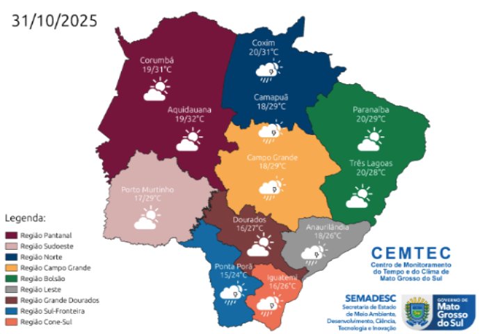 Outubro encerra com temperaturas amenas e chance de chuva em MS