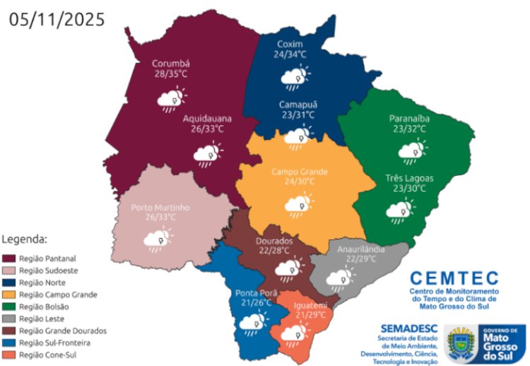 Previsão aponta Campo Grande como a capital mais chuvosa do Brasil nesta quarta-feira