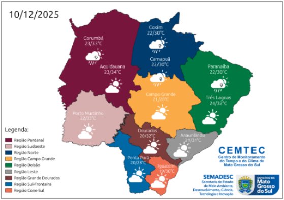 Quarta-feira tem sol entre nuvens em Campo Grande; há chances de chuva no interior